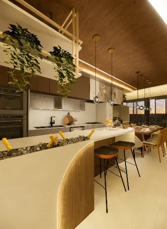Interiores de cozinha e living de alto padrão com madeira nobre e iluminação quente