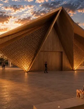 Pavilhão contemporâneo com geometria autoral ao entardecer