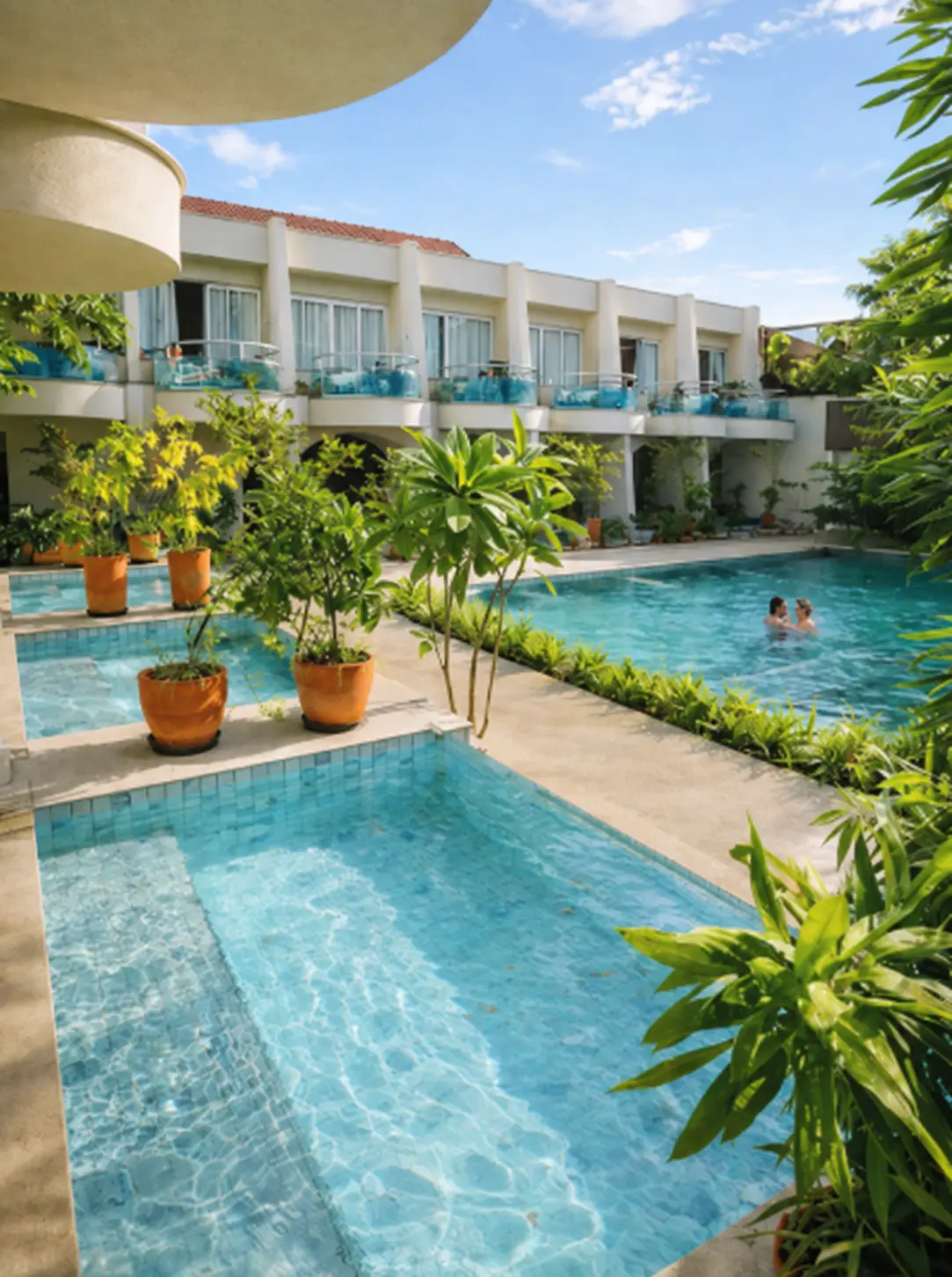 Piscina e arquitetura de hospitalidade da Vila Coqueiros